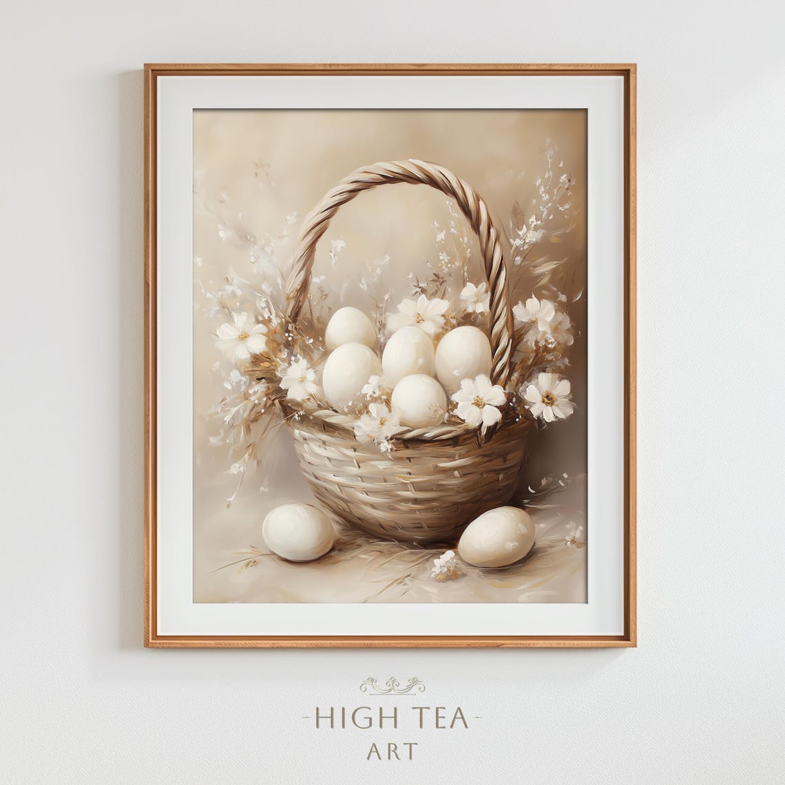 White Eggs Daisies Wicker Basket Neutral Beige Still Life Wall Art