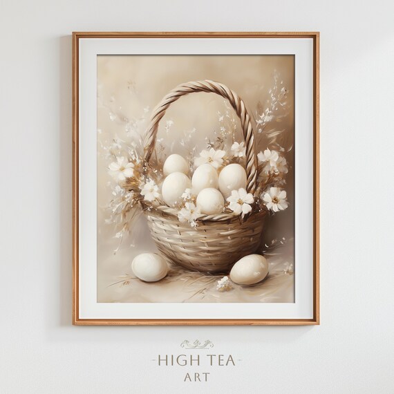 Basket White Eggs Daisies Oil Painting Art Print Neutral Muted Easter Floral Wall Decor Hta295