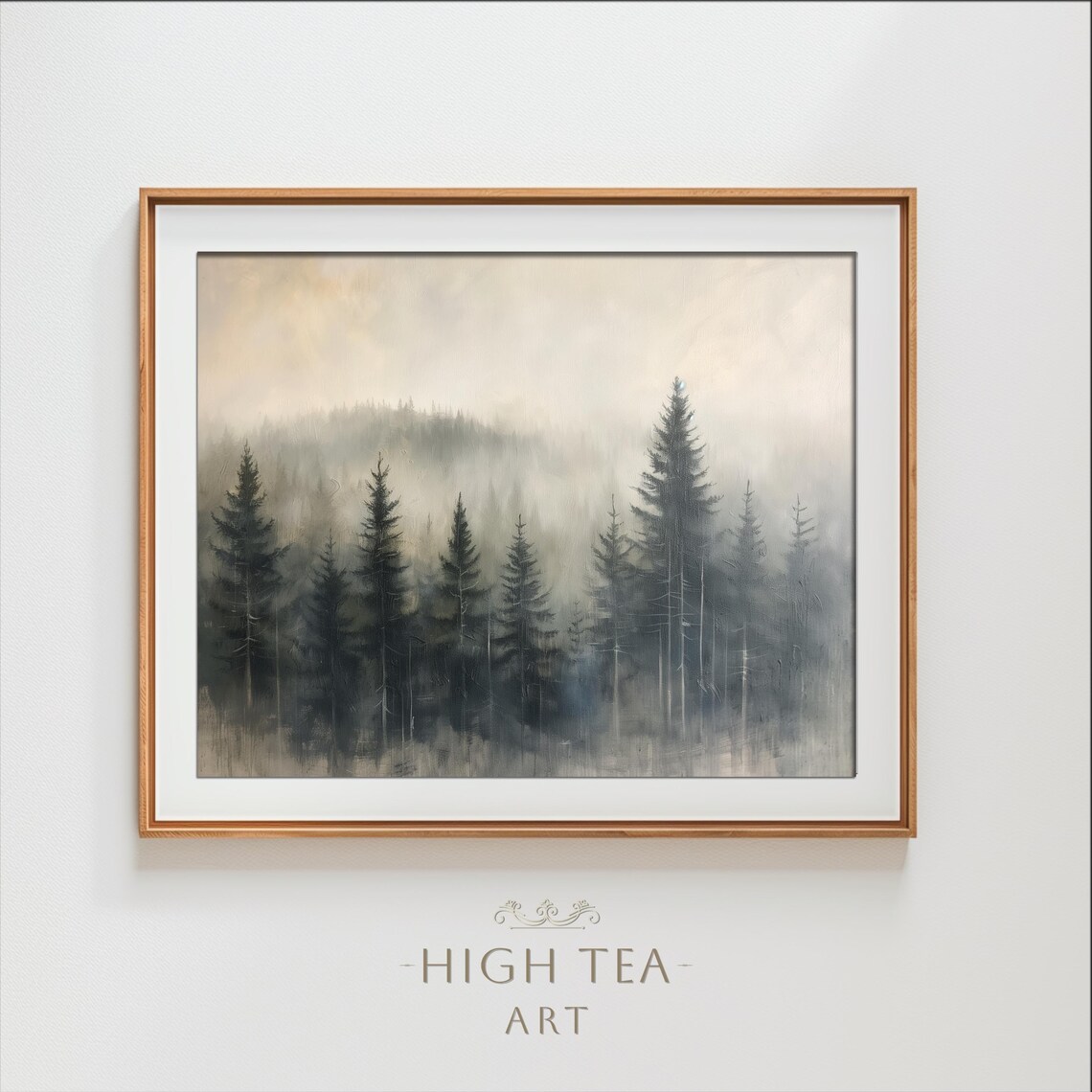 Misty Pine Forest Evergreen Oil Painting Print Foggy Woodland Rustic Calm Art