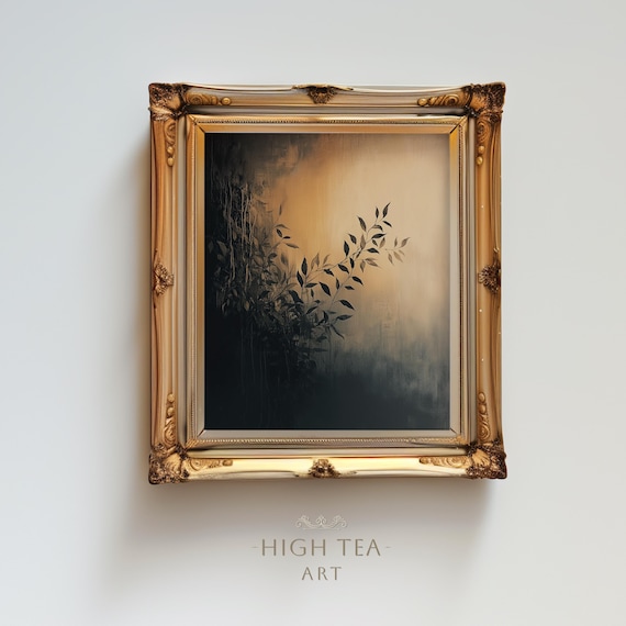 Dark Botanical Branch Silhouette Gold Abstract Oil Painting Print