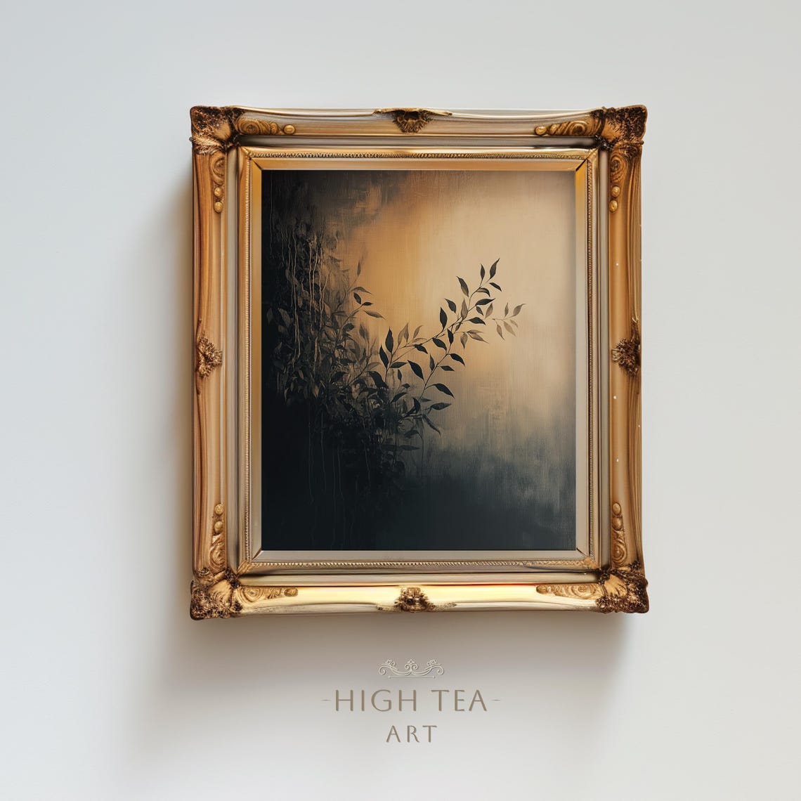 Dark Botanical Branch Silhouette Gold Abstract Oil Painting Print