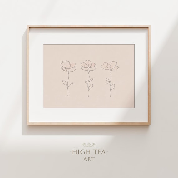 Minimalist 3 Flowers Sketch Art Print Neutral Floral Line Drawing Pastel Beige Pink Illustration Hta401
