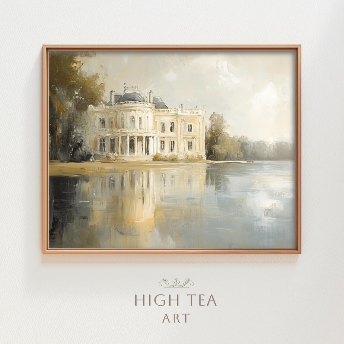 Baroque Mansion Lakeside Manor Classic Oil Painting Neutral Elegant Wall Art