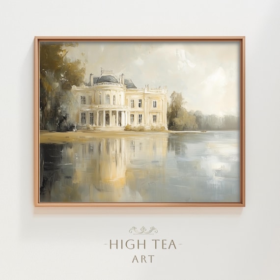 Vintage Baroque Mansion Oil Painting Art Print Lakeside Manor Classic Architecture Neutral Wall Decor Hta272