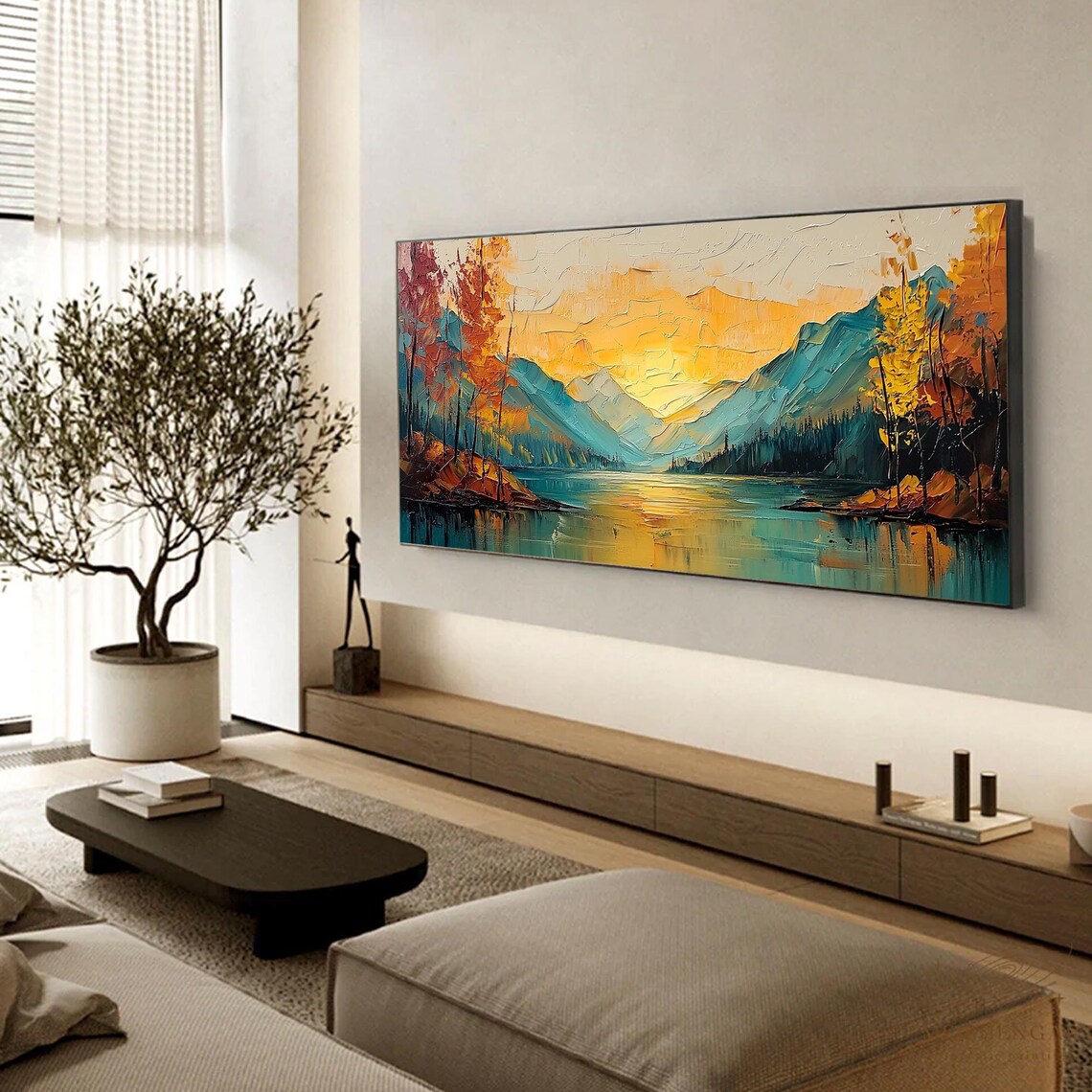 Sunset Mountain River Modern Wall Art Print - Image 2