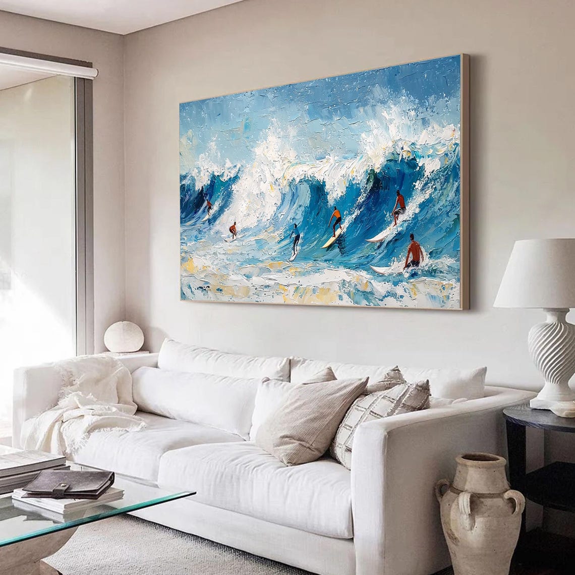 Six Surfers Riding Big Blue Ocean Wave Textured Impasto Sports Poster - Image 2