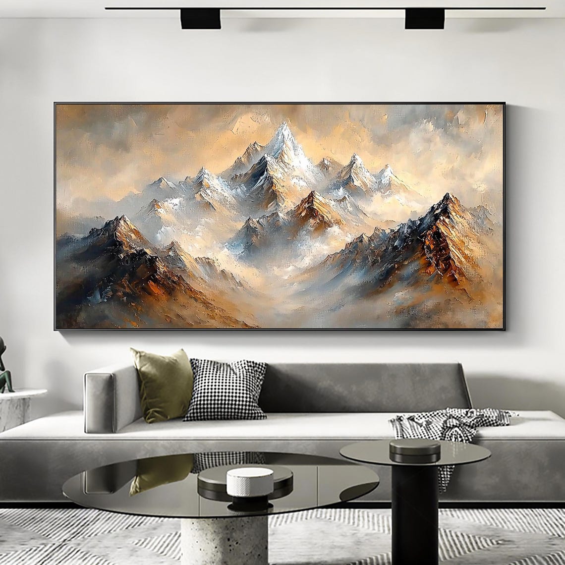 Snowy Peaks Golden Mist Sunrise Panoramic Abstract Oil Painting Poster - Image 2