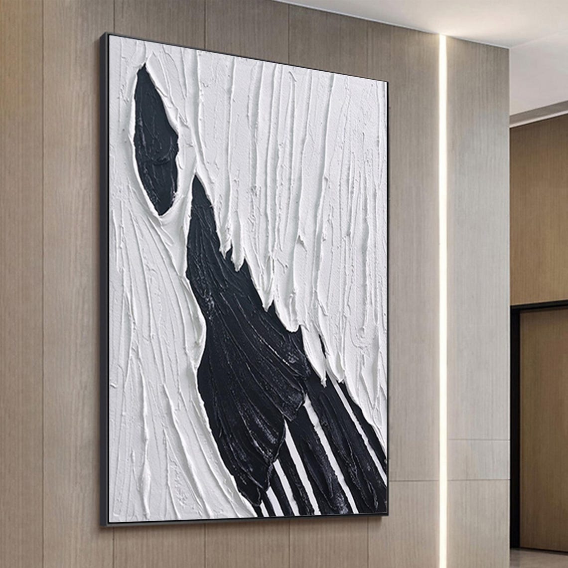 Black And White Bold Stroke Textured Abstract Vertical Wall Painting - Image 3