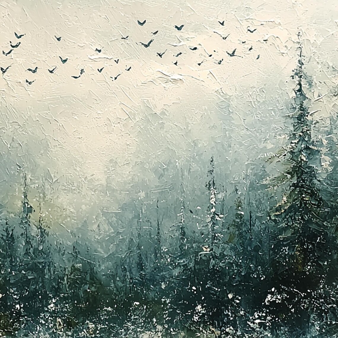Misty Teal Pine Forest Birds Textured Oil Painting Modern Wall Art - Image 3