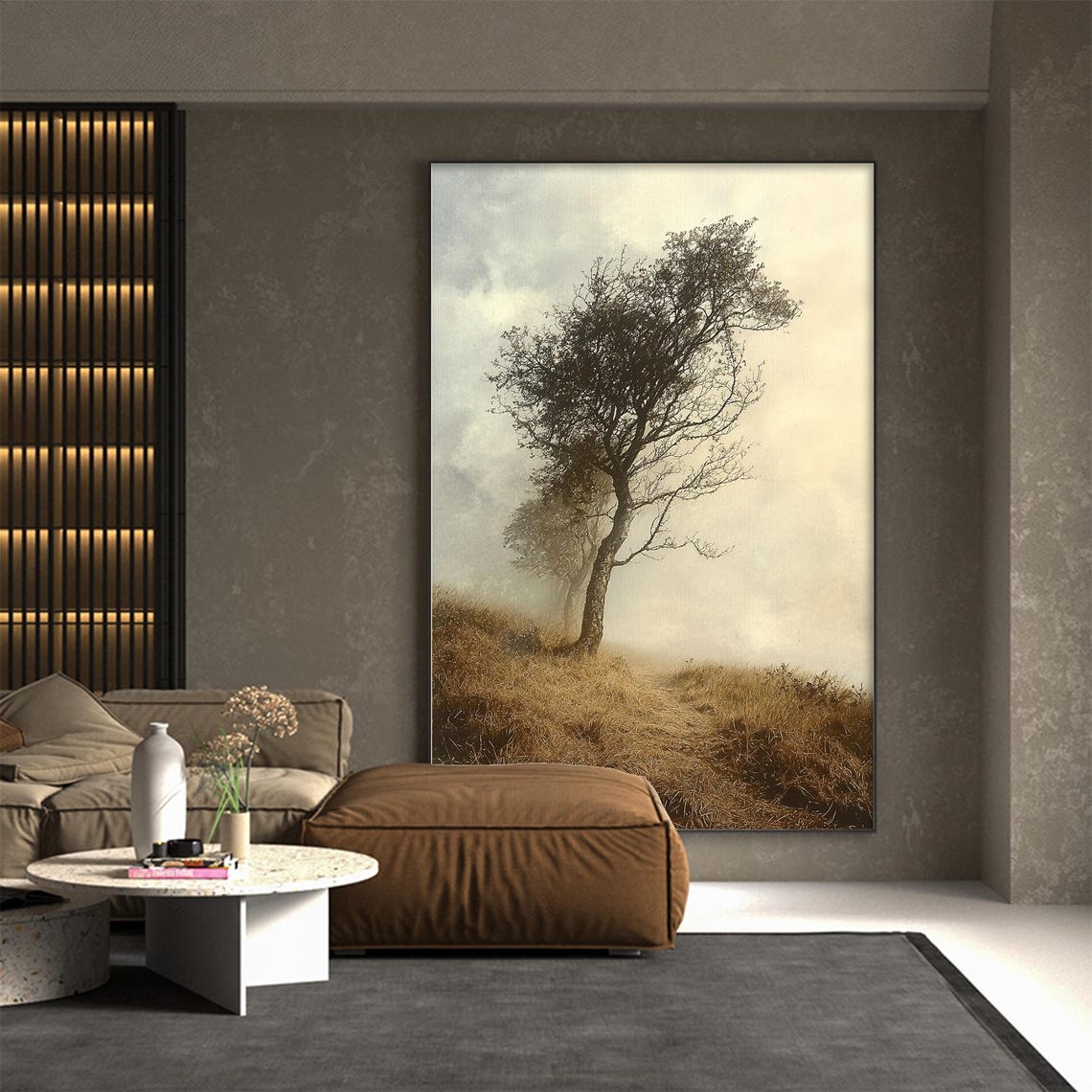 Twisted Tree Golden Field Sepia Haze Vertical Landscape Wall Art - Image 2