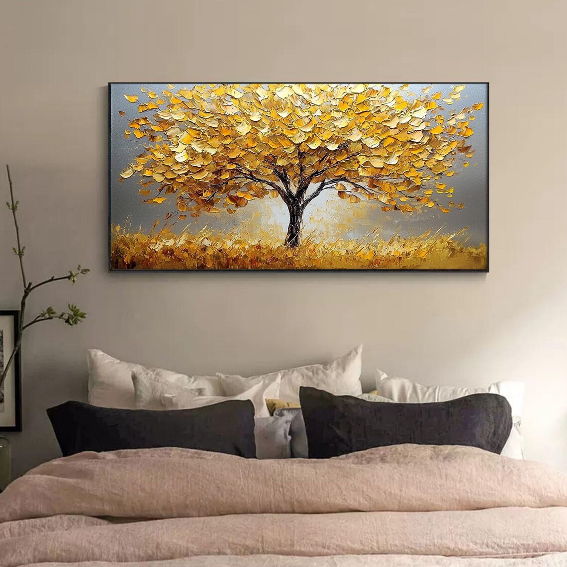 Golden Tree Of Life Textured Oil Painting Gold Leaf Autumn Wall Art - Image 4