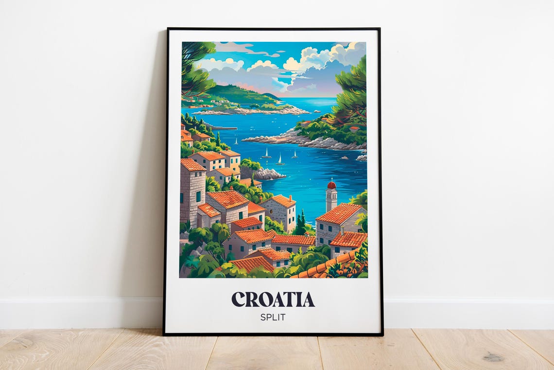 Split Croatia Hillside Harbor Town Sailboat Bay Travel Poster