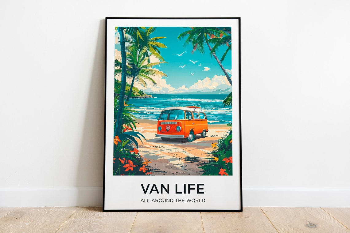 Van Life Retro Camper Van on Tropical Beach Travel Adventure Poster