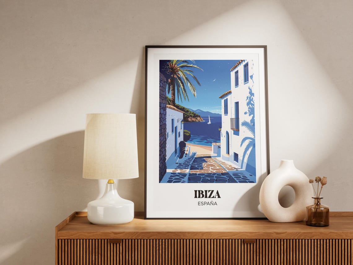 Ibiza Spain Whitewashed Alley to the Sea Sailboat Retro Travel Poster - Image 4