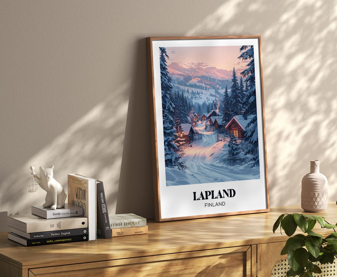 Lapland Finland Snowy Village Cabins Winter Dusk Retro Travel Poster - Image 3