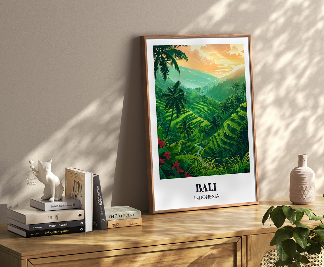 Bali Watercolor Travel Poster, Palm Trees and Flowers - Image 4
