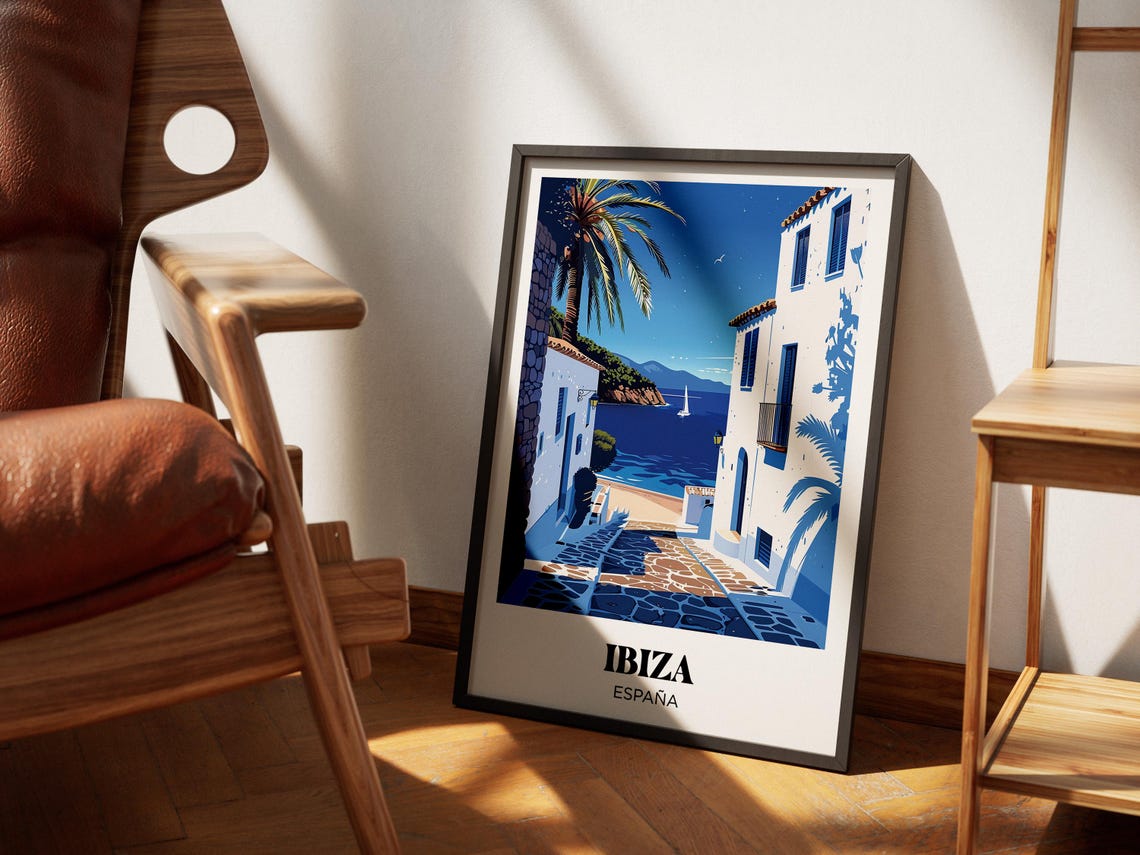 Ibiza Spain Whitewashed Alley to the Sea Sailboat Retro Travel Poster - Image 2
