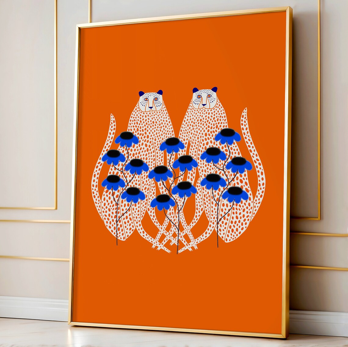 Cheetah and Blue Daisies Art Print, Floral Decor