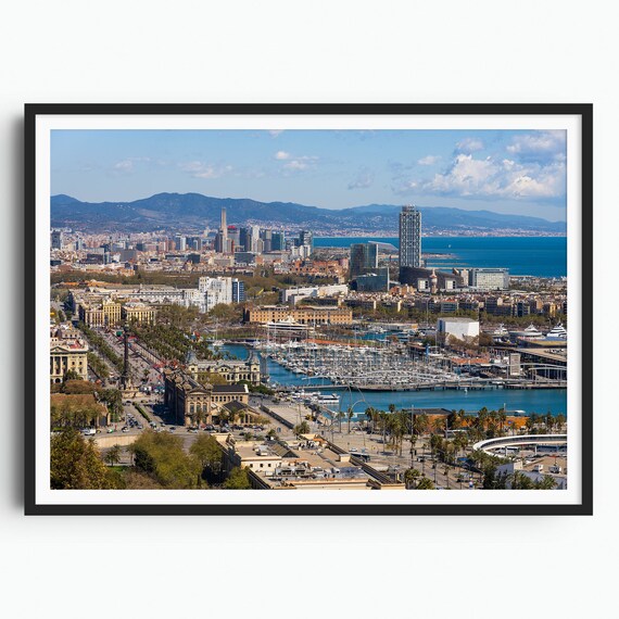 Barcelona Harbor Marina Port Vell Aerial City Skyline Poster