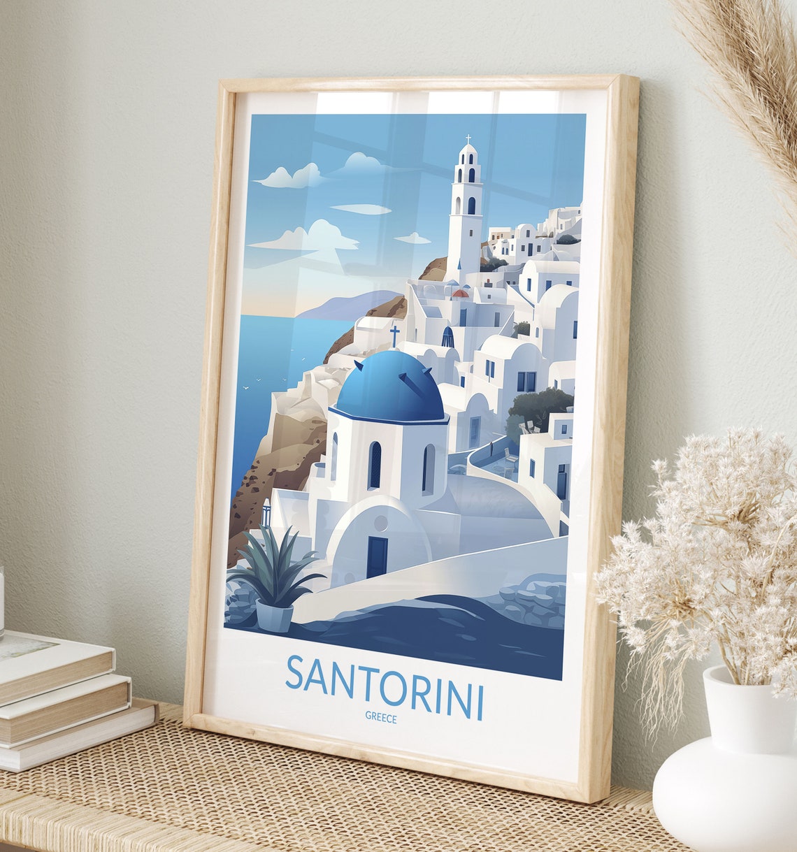 Santorini Greece Blue Dome Bell Tower White Village Vintage Poster