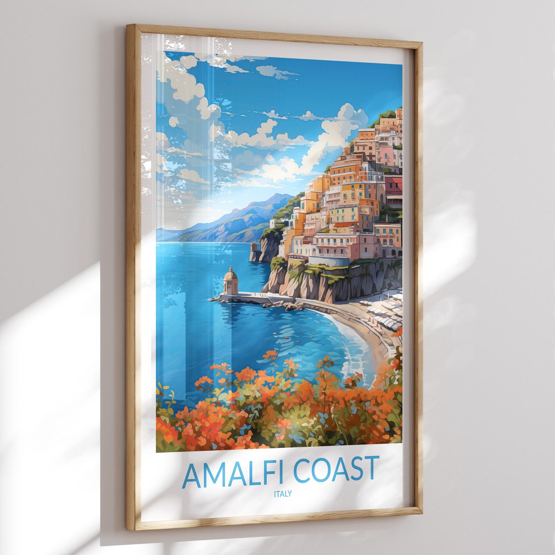Amalfi Coast Italy Bougainvillea Sea View Cliff Town Travel Poster