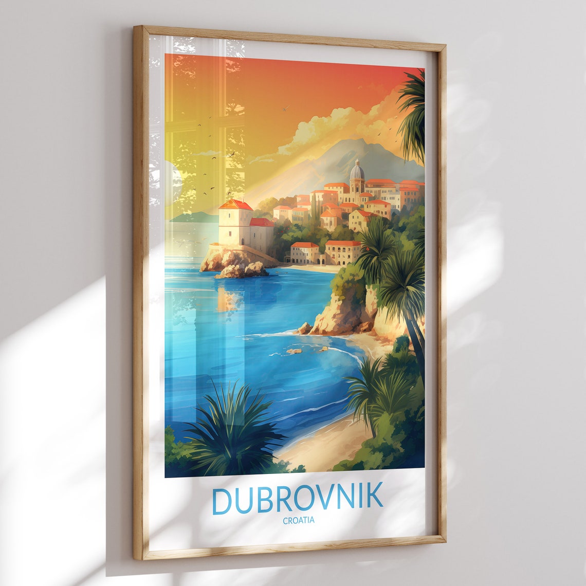 Dubrovnik Croatia Golden Sunset Bay Stone Tower Palm Shore Poster