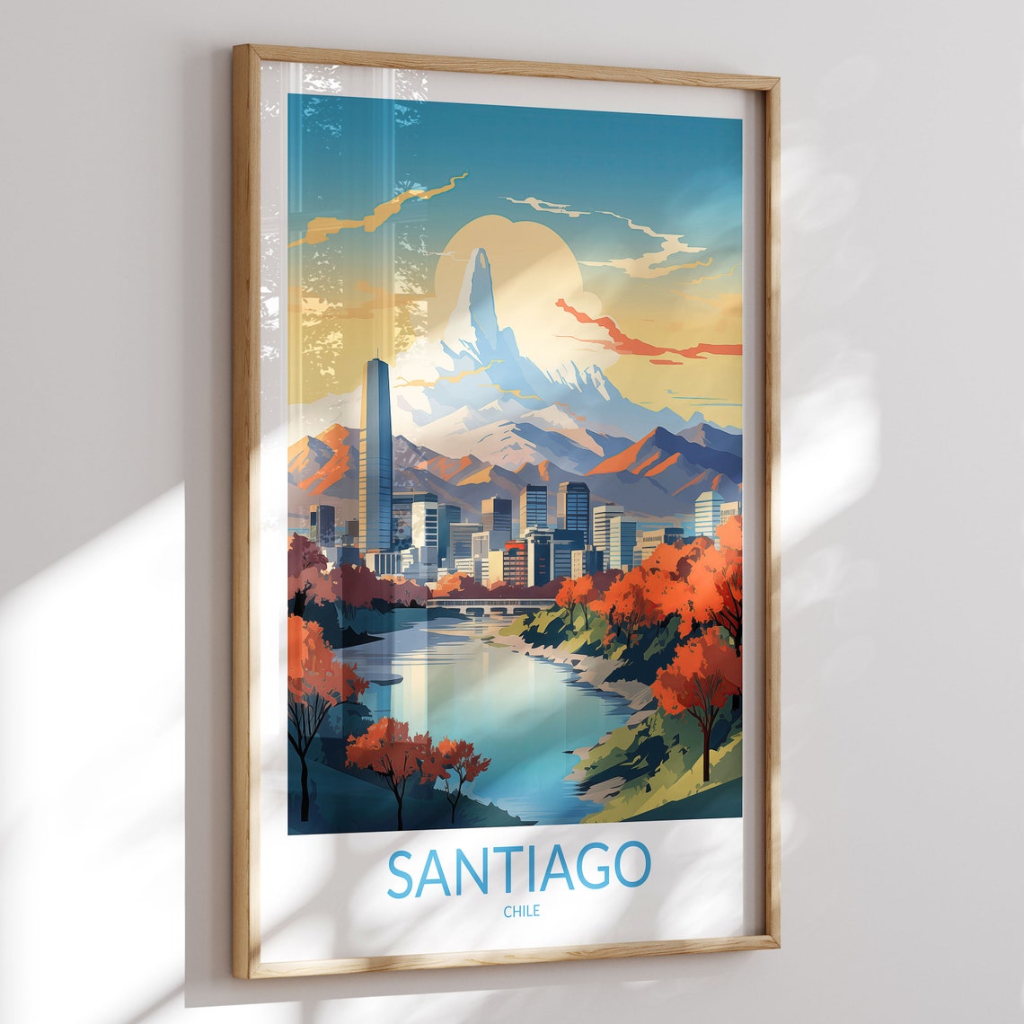 Santiago Chile Autumn River City Skyline Mountain Retro Poster