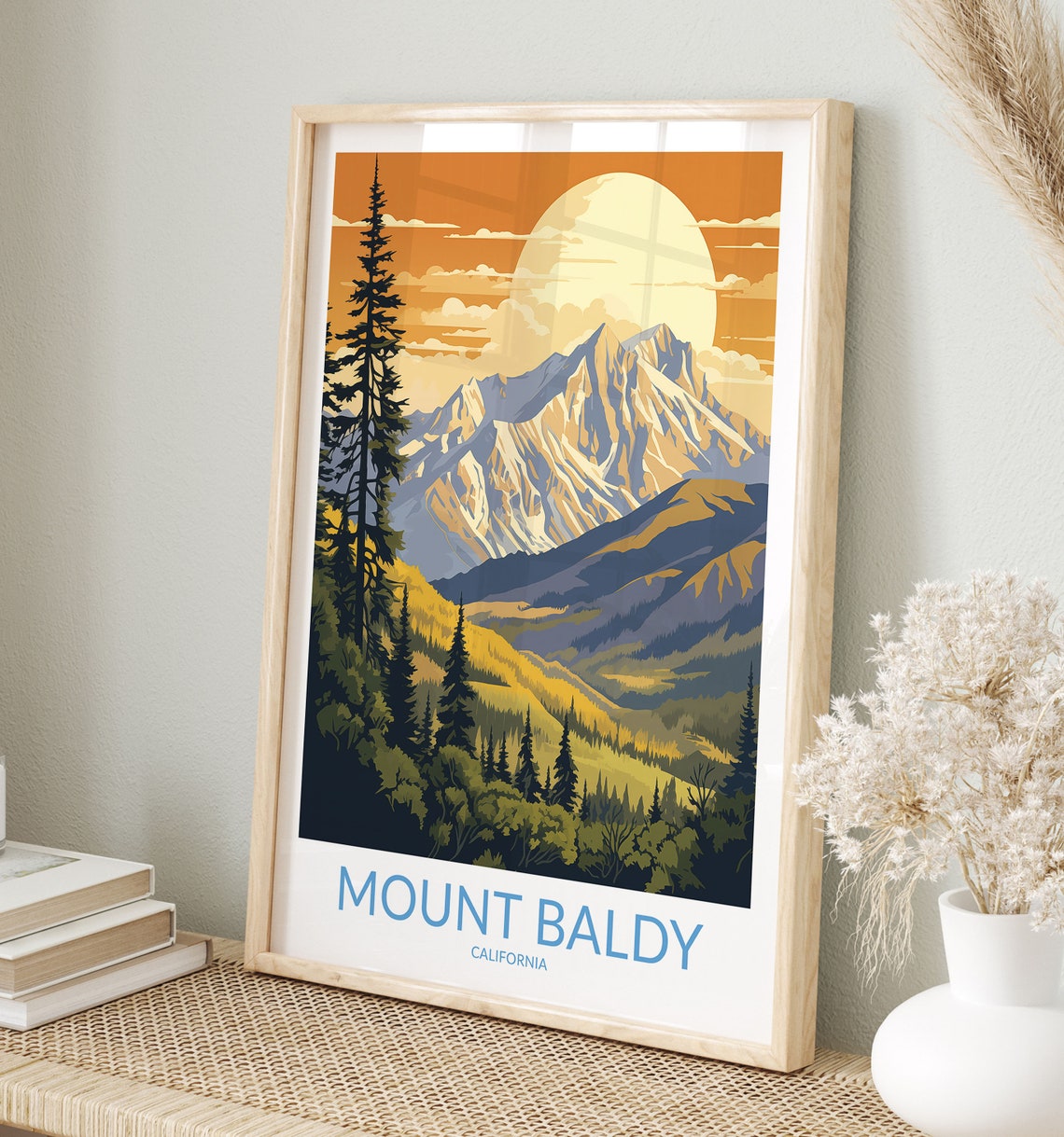 Mount Baldy California Golden Moon Mountain Valley Travel Poster