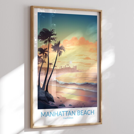 Manhattan Beach California Palm Sunset Travel Poster with Ocean Waves