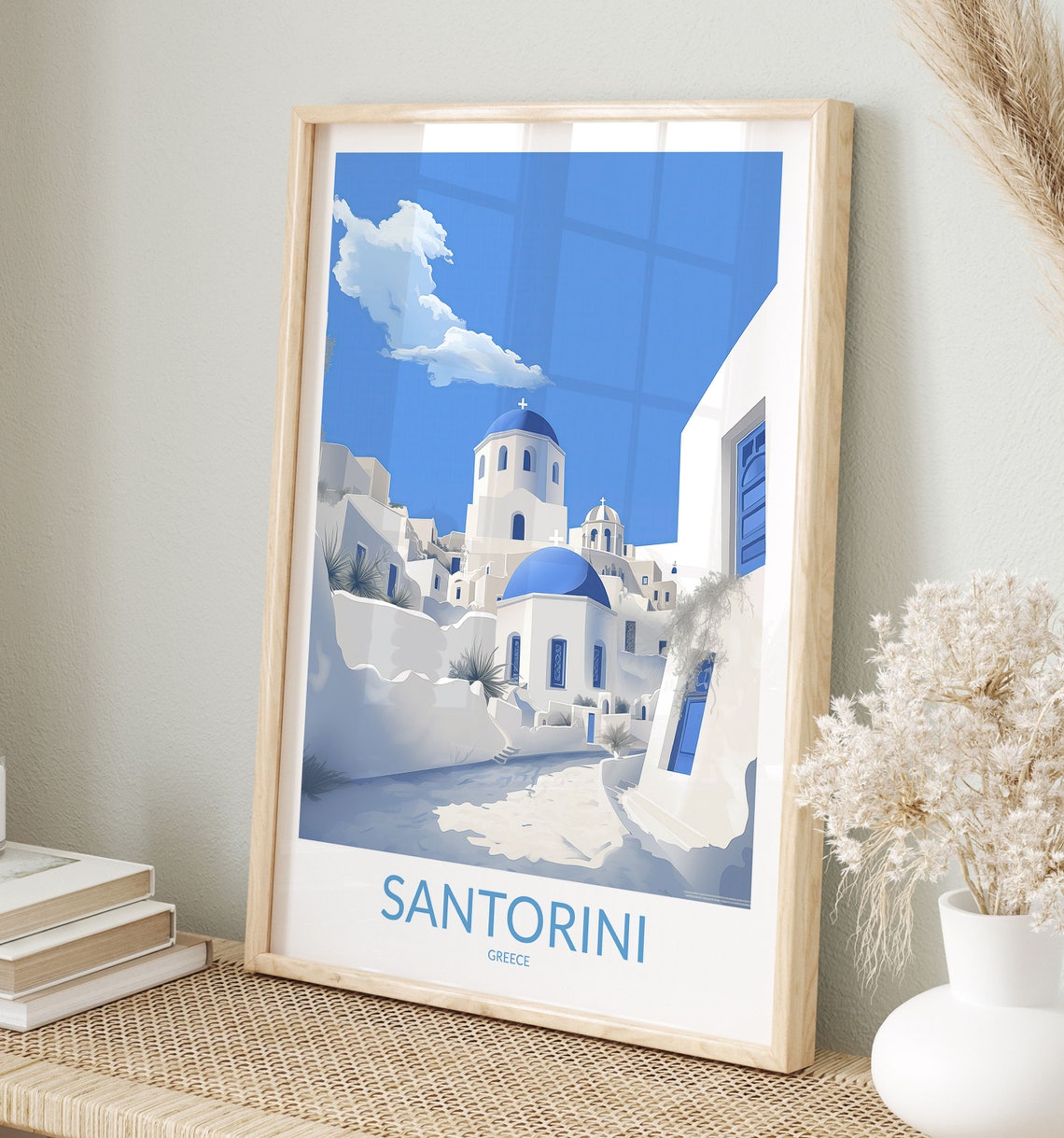 Santorini Greece White Alley Blue Dome Churches Retro Travel Poster