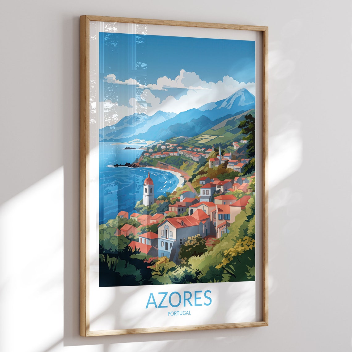 Azores Portugal Coastal Town Church Tower Volcano Peak Poster