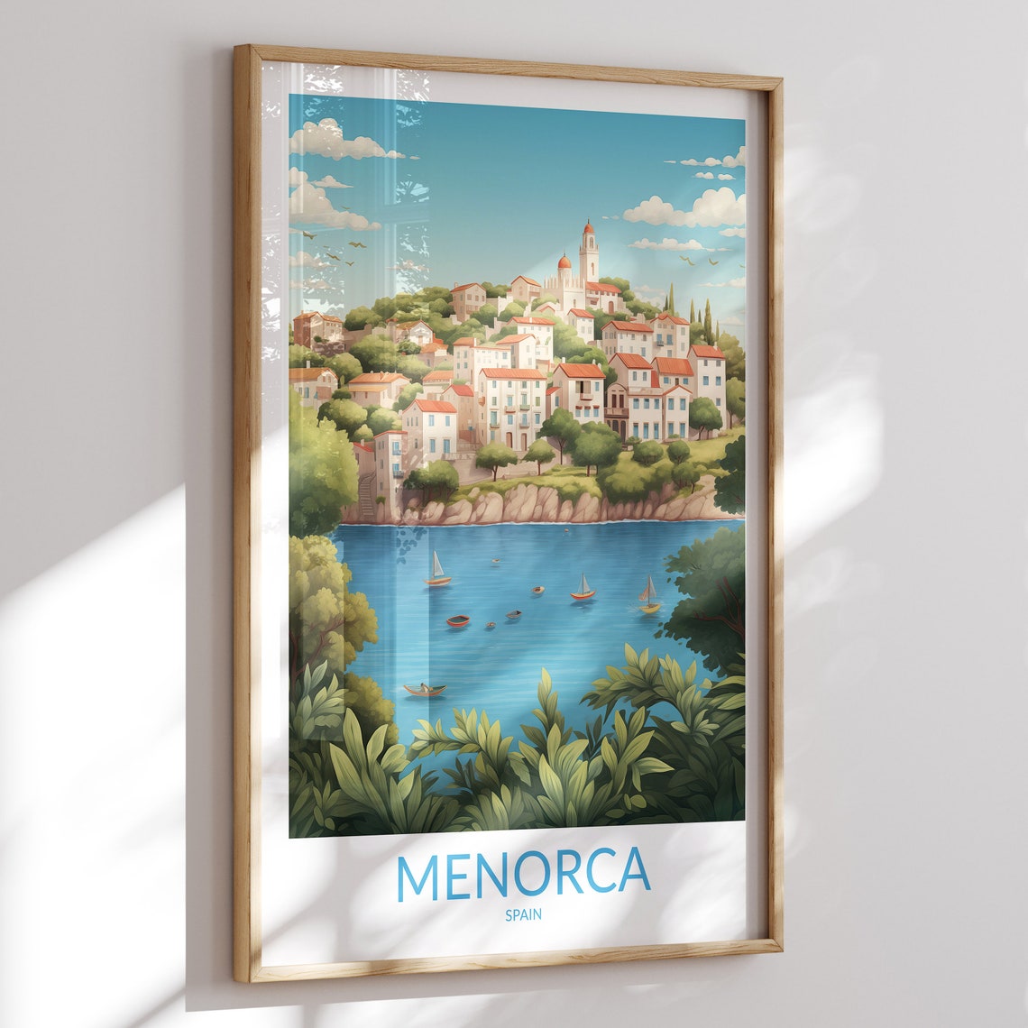 Menorca Spain Hill Town Travel Poster with Sailboats on Bright Water