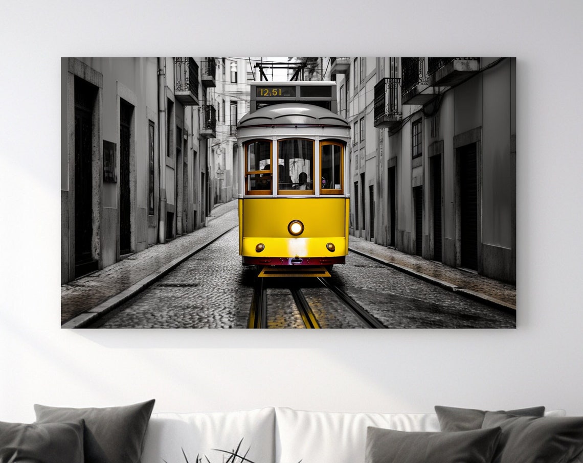Lisbon Yellow Tram Front View Color Splash Street Scene Poster