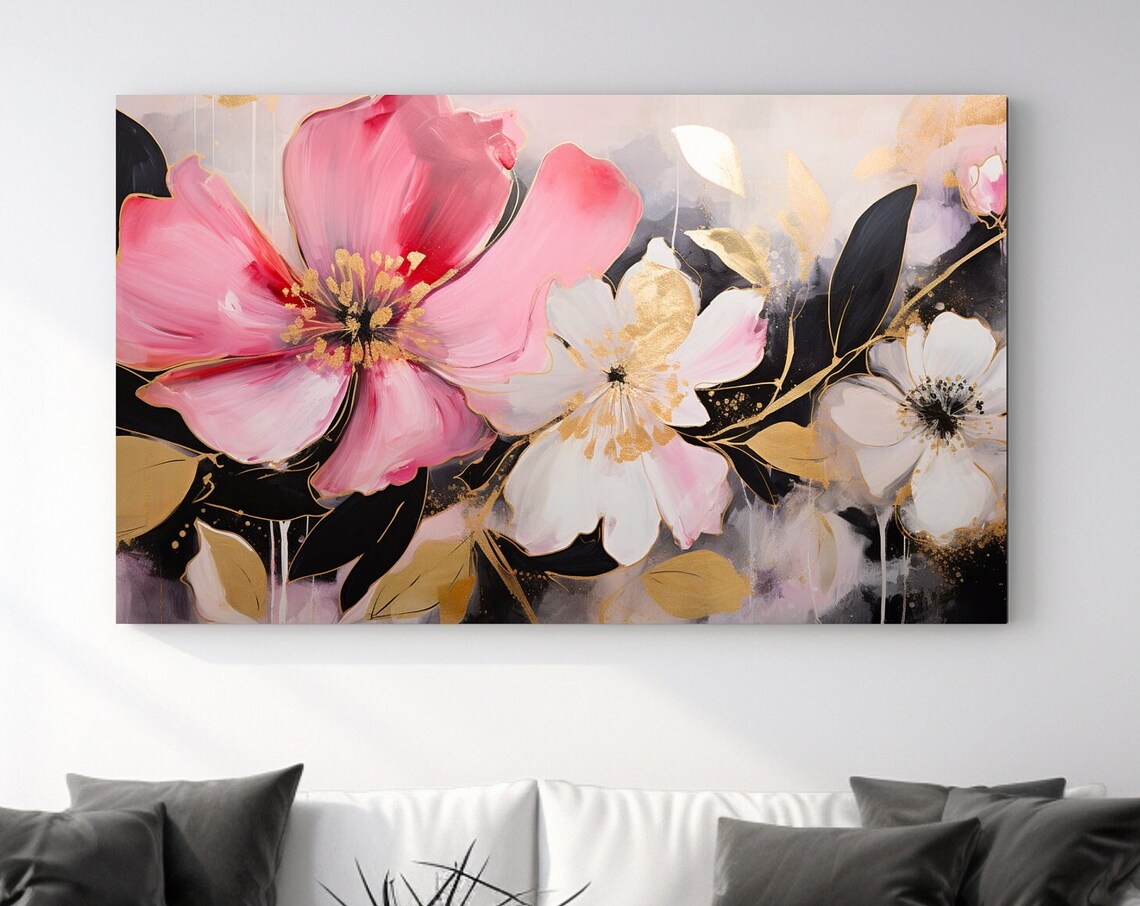 Pink Gold Blossom Floral Painting Dark Charcoal Luxury Wall Art