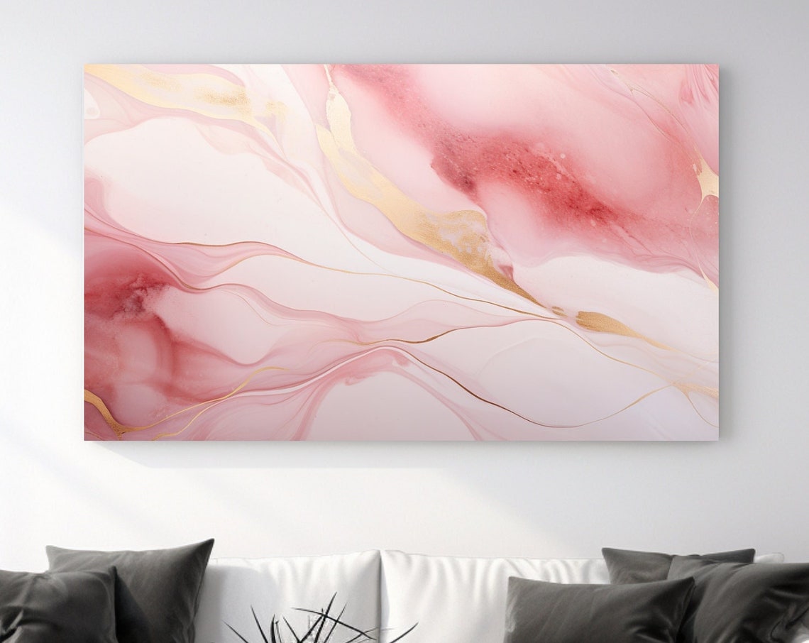 Blush Pink and White Marble Abstract Gold Veins Soft Wall Art