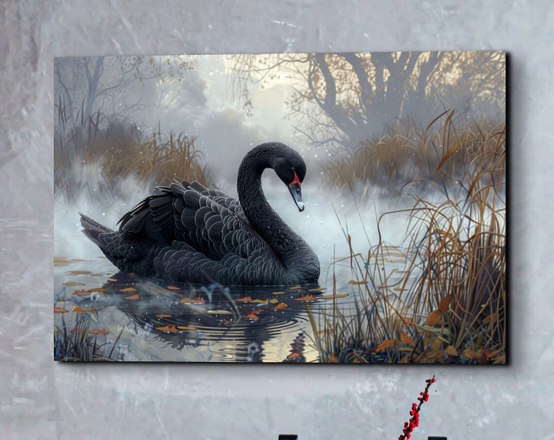 Black Swan in Misty Reeds on Autumn Lake Wildlife Art Poster