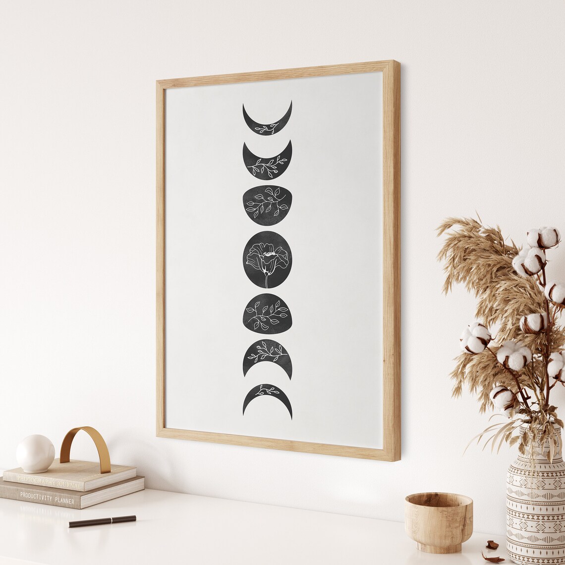Black And White Lunar Moon Phase Floral Botanical Poster For Minimalist Boho Wall Decor - Image 3