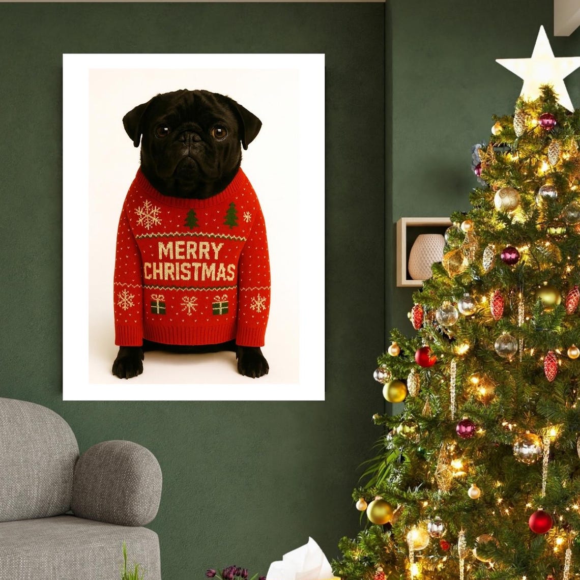 Black Pug Merry Christmas Poster Red Sweater Festive Dog Mom Gift