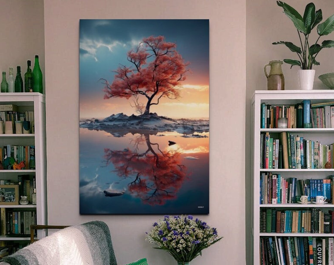 Red Tree Island Mirror Reflection Lake Sunset Serene Art Poster