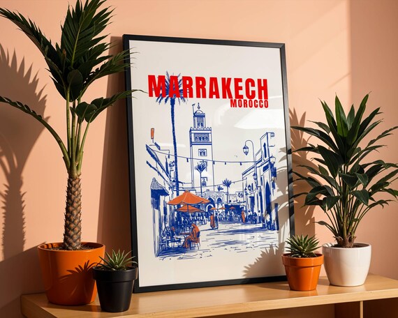Marrakesh Street Scene Poster Minimal Line Art Moroccan Charm Decor Koutoubia Minaret Wall Gift