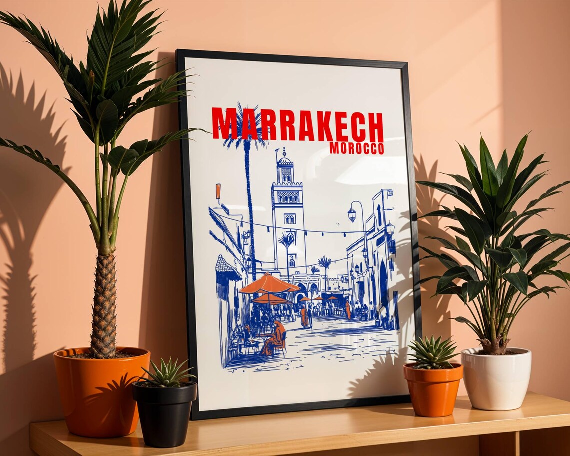 Marrakech Morocco Vintage Travel Style Minaret Street Line Art Poster