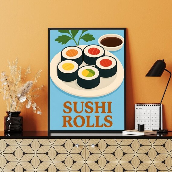 Sushi Rolls Retro Japanese Food Poster Cute Kitchen Maki Decor