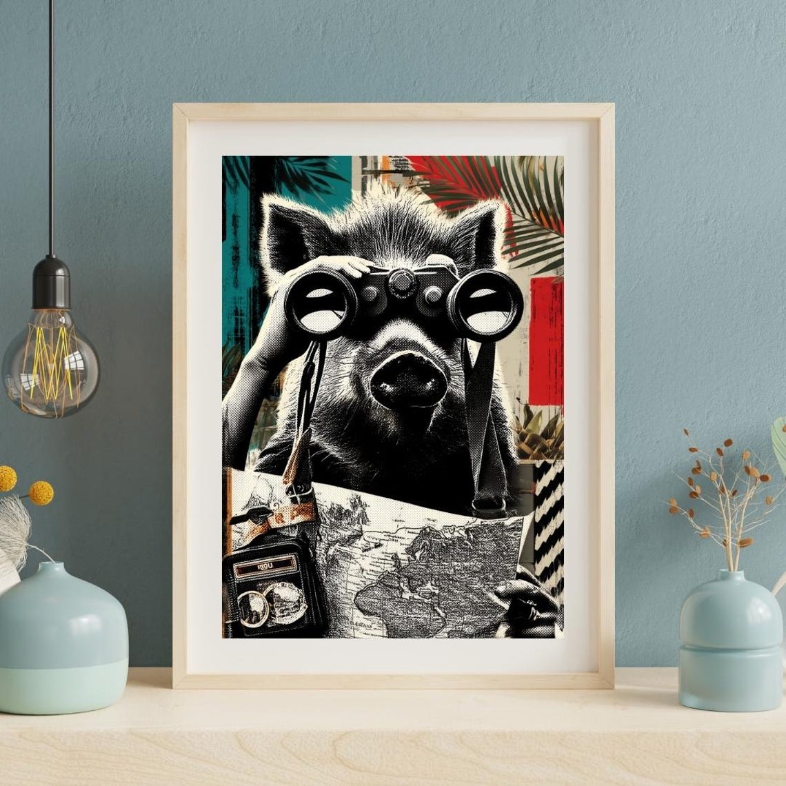 Pig Explorer With Binoculars Camera Map Funny Pop Art Portrait Poster