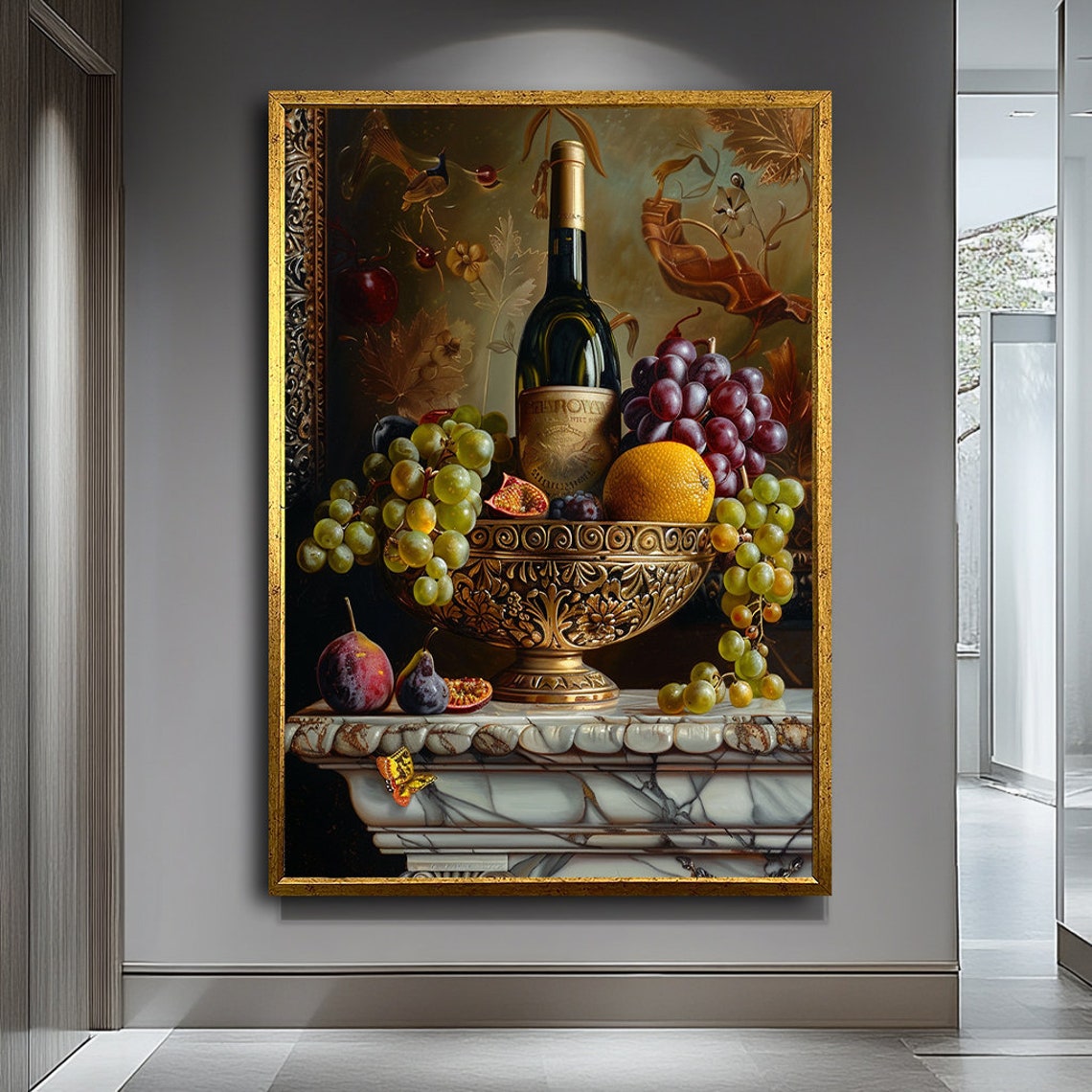 Ornate Golden Bowl Of Grapes Wine Bottle Classical Still Life Poster