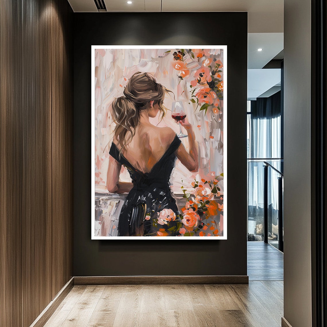 Elegant Woman Black Dress Holding Wine Glass Floral Elegance Poster - Image 2