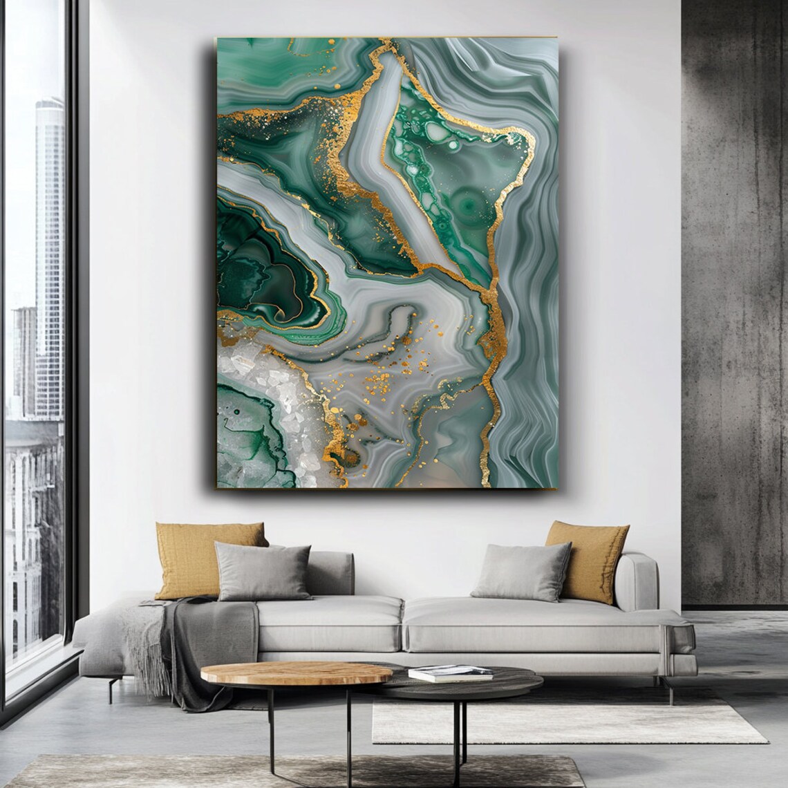 Green White Marble Agate Gold Accents Abstract Stone Art Poster - Image 3
