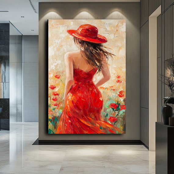 Stylish Art Print Elegant Lady In Red Dress And Hat Vintage Glamour Wall Art Fashion Portrait Print High Fashion Print