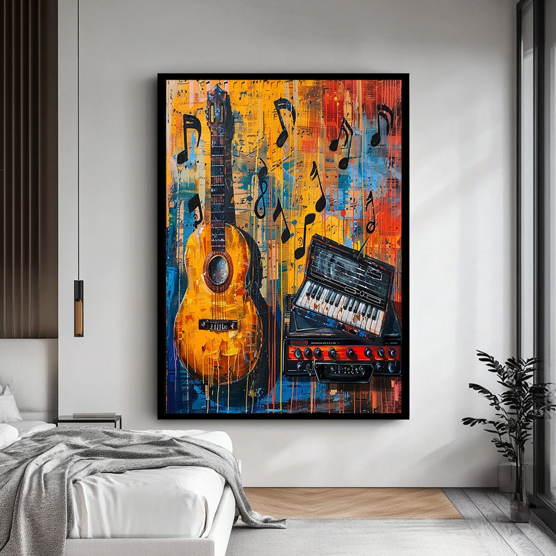 Orange Guitar And Keyboard On Vibrant Graffiti Music Notes Wall Art - Image 4