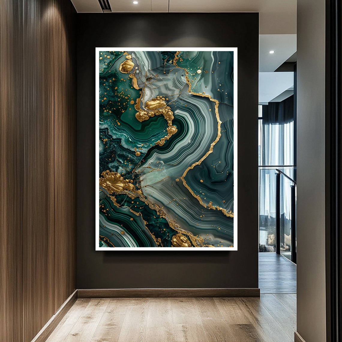 Deep Dark Teal Emerald Marble Gold Veins Abstract Luxury Poster - Image 2
