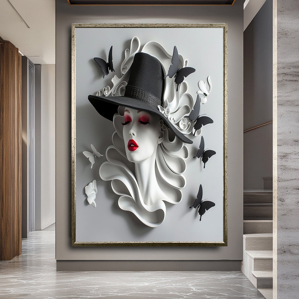 Paper Art Woman Hat Butterflies Red Lips 3D Sculptural Art Poster - Image 2